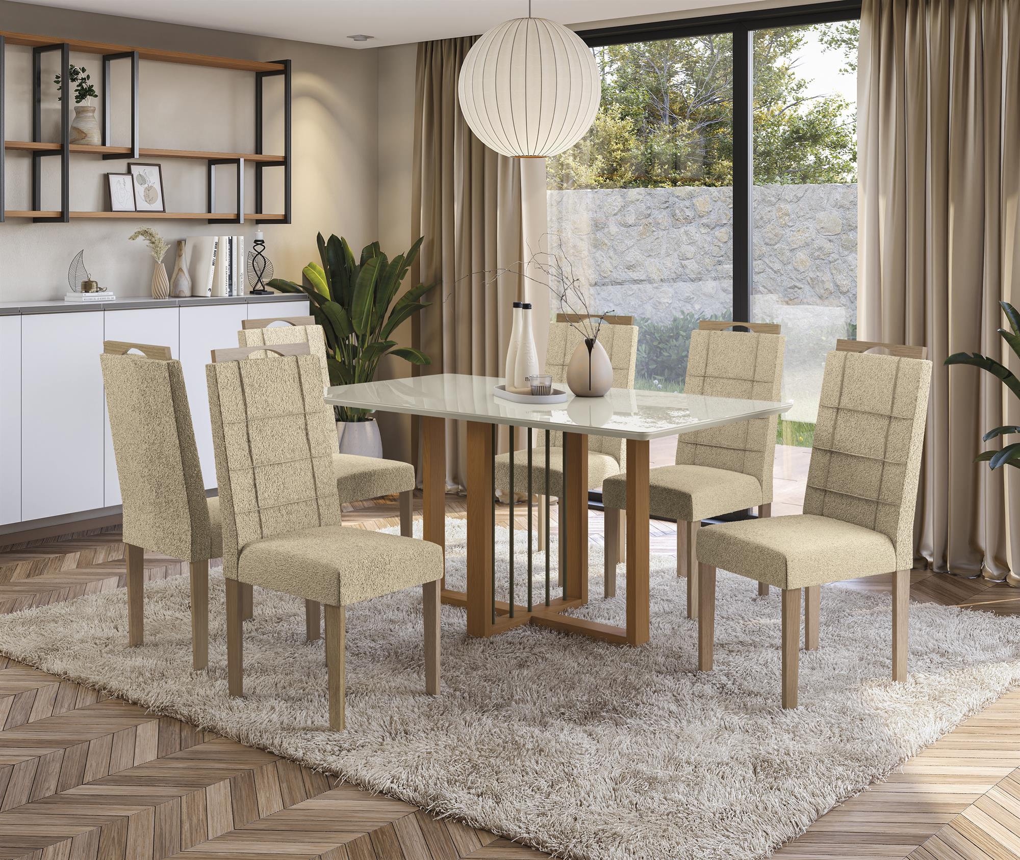 Conj Mesa Antonela c/ tampo e 6 Cadeiras Flora